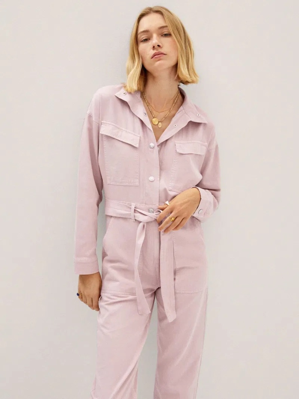 Mango Harper Utility Denim Tie-Waist Jumpsuit in Dusty Pink Medium
